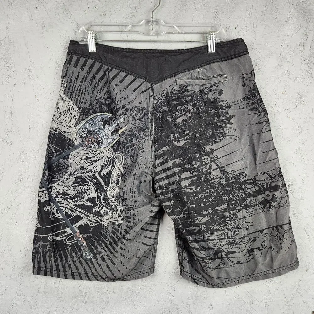 Cage Fighter MMA Authentic Shorts Mens 34 Black Graphic Fight Trunks Graphic